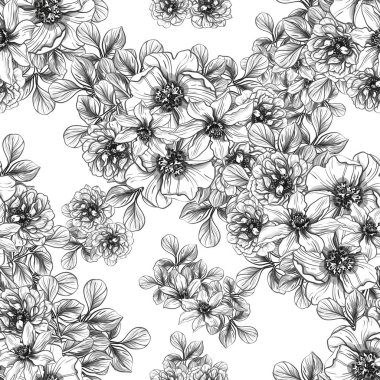 Sorunsuz vintage tarzı çiçek deseni. Siyah ve beyaz çiçek öğeleri.