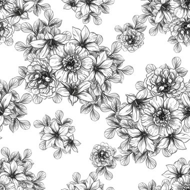 Sorunsuz vintage tarzı çiçek deseni. Siyah ve beyaz çiçek öğeleri.