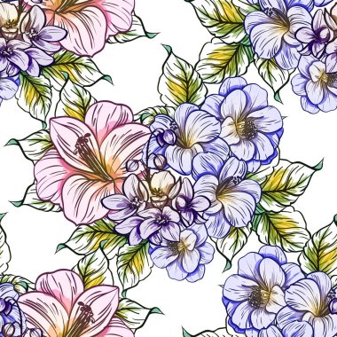 Sorunsuz vintage tarzı çiçek deseni. Renkli çiçek öğeleri