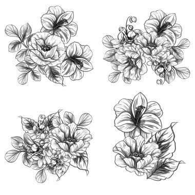 Sorunsuz vintage tarzı çiçek deseni. Siyah ve beyaz çiçek öğeleri.