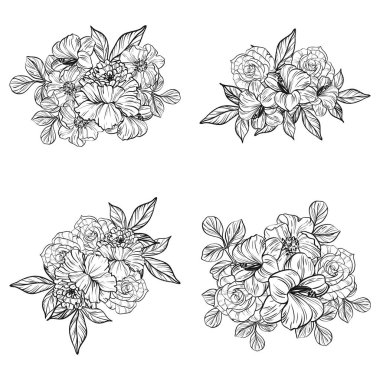 Sorunsuz vintage tarzı çiçek deseni. Siyah ve beyaz çiçek öğeleri.