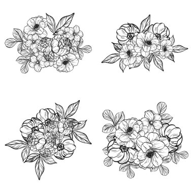 Sorunsuz vintage tarzı çiçek deseni. Siyah ve beyaz çiçek öğeleri.