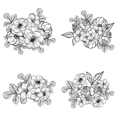 Sorunsuz vintage tarzı çiçek deseni. Siyah ve beyaz çiçek öğeleri.