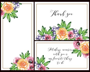 Klasik çiçek düğün kartları seti. Çiçek elementleri ve çerçeveleri.