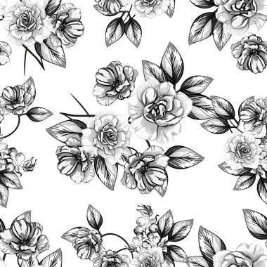 Sorunsuz vintage tarzı çiçek deseni. Siyah ve beyaz çiçek öğeleri.