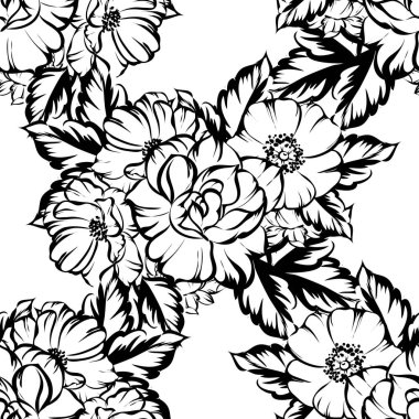 Sorunsuz vintage tarzı çiçek deseni. Siyah ve beyaz çiçek öğeleri.