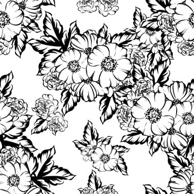 Sorunsuz vintage tarzı çiçek deseni. Siyah ve beyaz çiçek öğeleri.