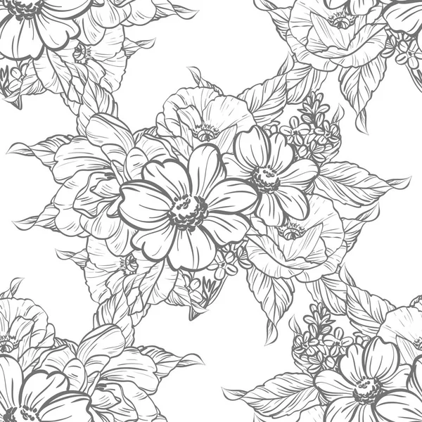 Patrón Flores Estilo Vintage Sin Costuras Elementos Florales Blanco Negro — Vector de stock