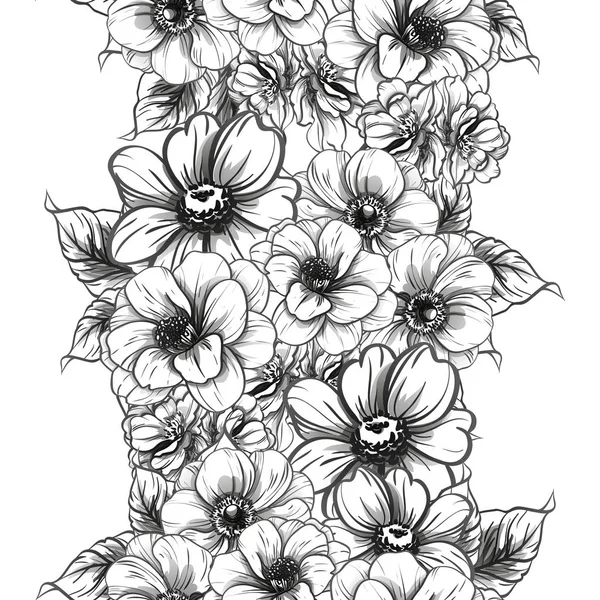 Patrón Flores Estilo Vintage Sin Costuras Elementos Florales Blanco Negro — Vector de stock