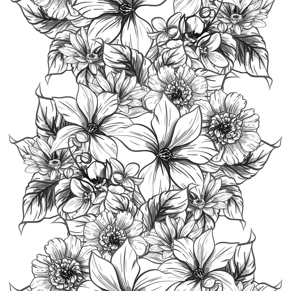 Patrón Flores Estilo Vintage Sin Costuras Elementos Florales Blanco Negro — Vector de stock