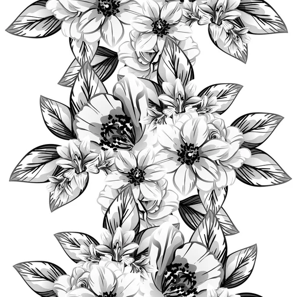 Modèle Fleur Style Vintage Sans Couture Eléments Floraux Noir Blanc — Image vectorielle