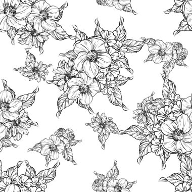 Sorunsuz vintage tarzı çiçek deseni. Siyah ve beyaz çiçek öğeleri.