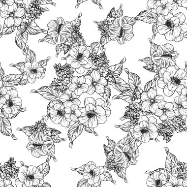Sorunsuz vintage tarzı çiçek deseni. Siyah ve beyaz çiçek öğeleri.