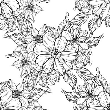 Sorunsuz vintage tarzı çiçek deseni. Siyah ve beyaz çiçek öğeleri.