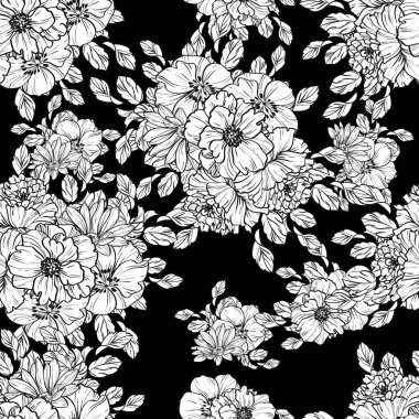 Sorunsuz vintage tarzı çiçek deseni. Siyah ve beyaz çiçek öğeleri.