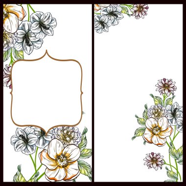 Klasik çiçek düğün kartları seti. Çiçek elementleri ve çerçeveleri.