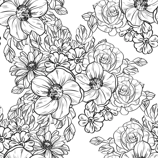 Patrón Flores Estilo Vintage Sin Costuras Elementos Florales Blanco Negro — Vector de stock