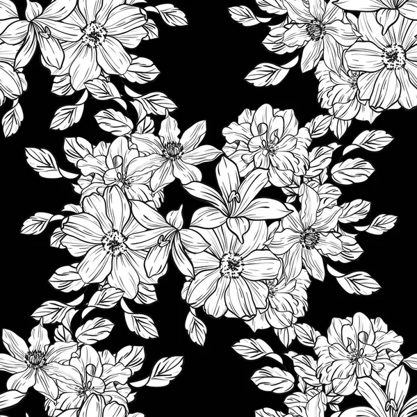 Padrão Flor Estilo Vintage Sem Costura Elementos Florais Preto Branco — Vetor de Stock