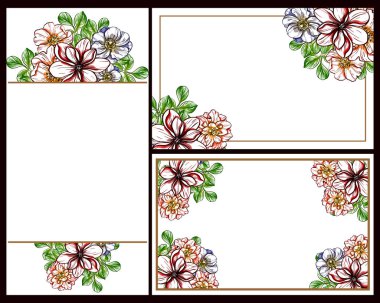 Klasik çiçek düğün kartları seti. Çiçek elementleri ve çerçeveleri.