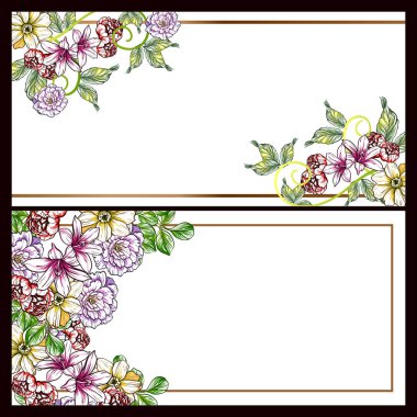 Klasik çiçek düğün kartları seti. Çiçek elementleri ve çerçeveleri.