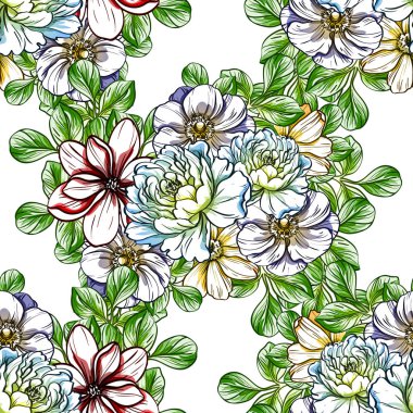 Sorunsuz vintage tarzı çiçek deseni. Renkli çiçek öğeleri