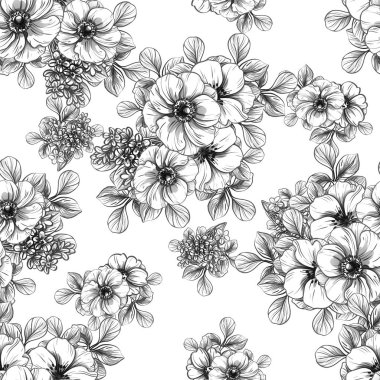 Sorunsuz vintage tarzı çiçek deseni. Siyah ve beyaz çiçek öğeleri.