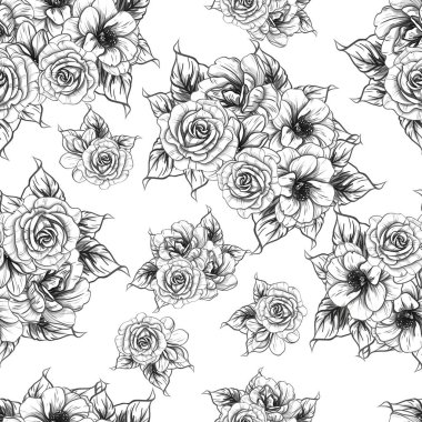 Sorunsuz vintage tarzı çiçek deseni. Siyah ve beyaz çiçek öğeleri.