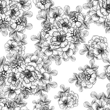 Sorunsuz vintage tarzı çiçek deseni. Siyah ve beyaz çiçek öğeleri.