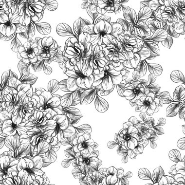 Sorunsuz vintage tarzı çiçek deseni. Siyah ve beyaz çiçek öğeleri.
