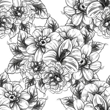 Sorunsuz vintage tarzı çiçek deseni. Siyah ve beyaz çiçek öğeleri.