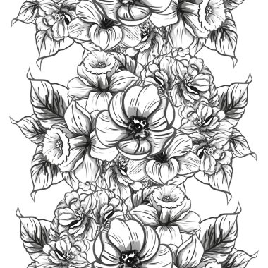 Sorunsuz vintage tarzı çiçek deseni. Siyah ve beyaz çiçek öğeleri.