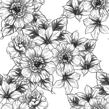 Sorunsuz vintage tarzı çiçek deseni. Siyah ve beyaz çiçek öğeleri.
