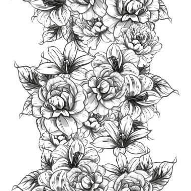 Sorunsuz vintage tarzı çiçek deseni. Siyah ve beyaz çiçek öğeleri.