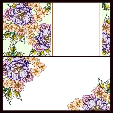 Klasik çiçek düğün kartları seti. Çiçek elementleri ve çerçeveleri.