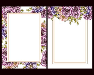 Klasik çiçek düğün kartları seti. Çiçek elementleri ve çerçeveleri.