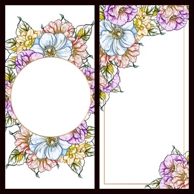 Klasik çiçek düğün kartları seti. Çiçek elementleri ve çerçeveleri.