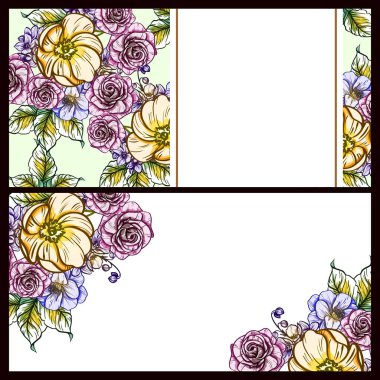 Klasik çiçek düğün kartları seti. Çiçek elementleri ve çerçeveleri.