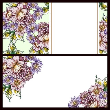 Klasik çiçek düğün kartları seti. Çiçek elementleri ve çerçeveleri.