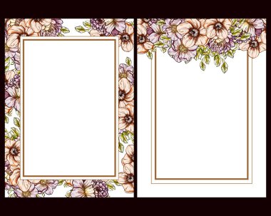 Klasik çiçek düğün kartları seti. Çiçek elementleri ve çerçeveleri.