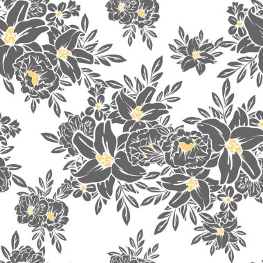 Sorunsuz vintage tarzı çiçek deseni. Siyah ve beyaz çiçek öğeleri.