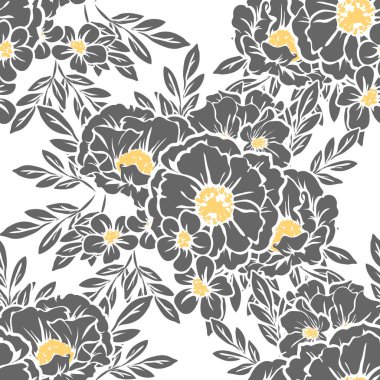 Sorunsuz vintage tarzı çiçek deseni. Siyah ve beyaz çiçek öğeleri.