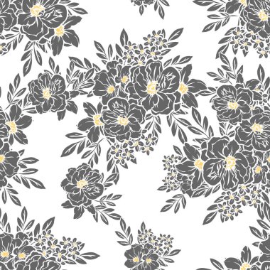 Sorunsuz vintage tarzı çiçek deseni. Siyah ve beyaz çiçek öğeleri.