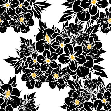 Sorunsuz vintage tarzı çiçek deseni. Siyah ve beyaz çiçek öğeleri.