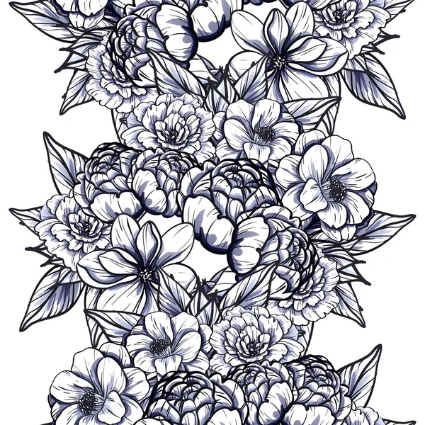 Naadloze Vintage Stijl Zwart Wit Gekleurde Bloemenpatroon Floral Elementen — Stockvector