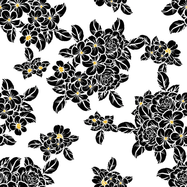 Seamless Vintage Style Flower Pattern Floral Elements Black White — Stock Vector