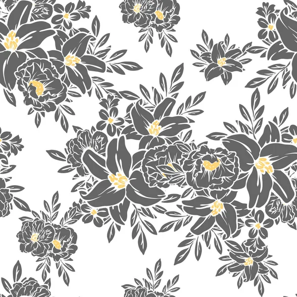 Sorunsuz vintage tarzı çiçek deseni. Siyah ve beyaz çiçek öğeleri.
