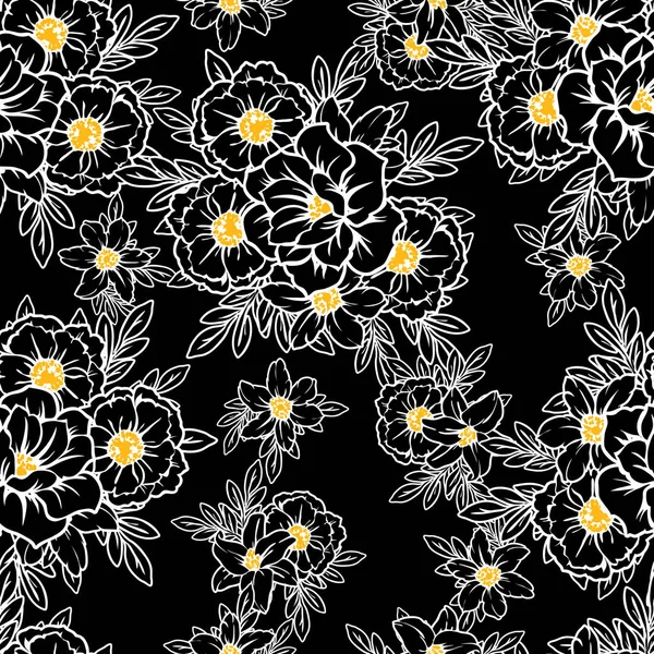 Modèle Fleur Style Vintage Sans Couture Eléments Floraux Noir Blanc — Image vectorielle