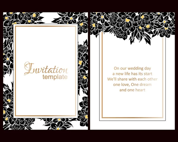 Vintage Style Flower Wedding Cards Set Black White Floral Elements — Stock Vector