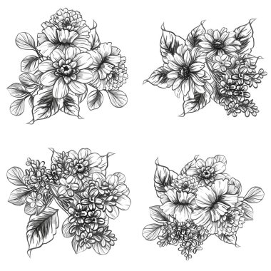 Sorunsuz vintage tarzı çiçek deseni. Siyah ve beyaz çiçek öğeleri.