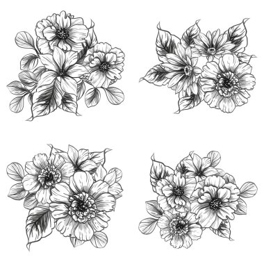 Sorunsuz vintage tarzı çiçek deseni. Siyah ve beyaz çiçek öğeleri.